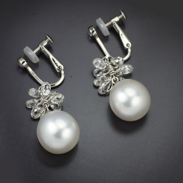 Pt900 白蝶 真珠/パール ブリオレットダイヤモンド イヤリング 径約11.1-11.4mm D3.490ct