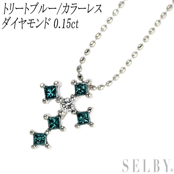 K18WG カラーレス/トリートブルー ダイヤモンド ペンダントネックレス 0.15ct クロス