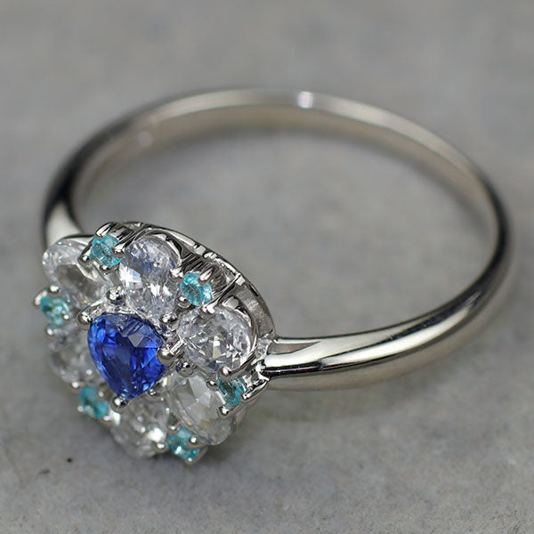 希少 K18WG ブルー/ホワイトサファイア パライバトルマリン リング 1.20ct PT0.06ct