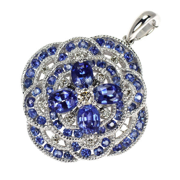 K18WG サファイア ダイヤモンド ペンダントトップ 1.30ct D0.15ct フラワー