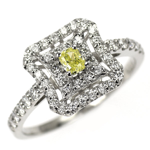 新品 Pt900 クッションカット 天然イエロー ダイヤモンド リング 0.149ct FIY VS2 D0.38ct