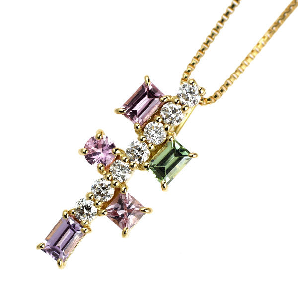 K18YG マルチカラーサファイア ダイヤモンド ペンダントネックレス 0.43ct D0.12ct