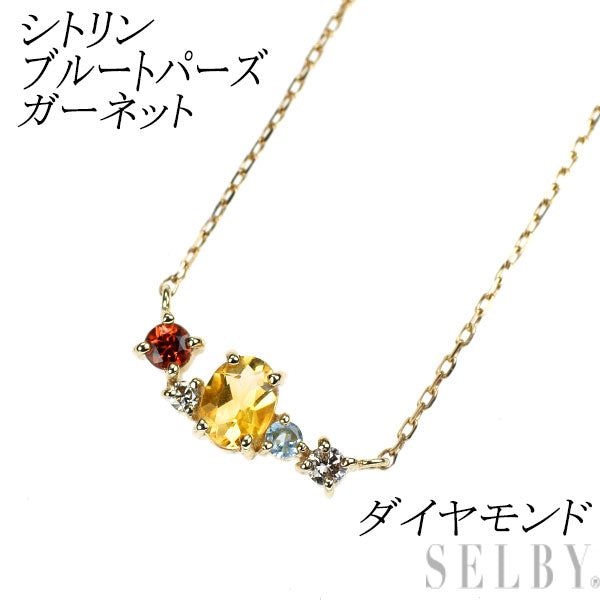 K10YG シトリン ブルートパーズ ガーネット ダイヤモンド ペンダントネックレス