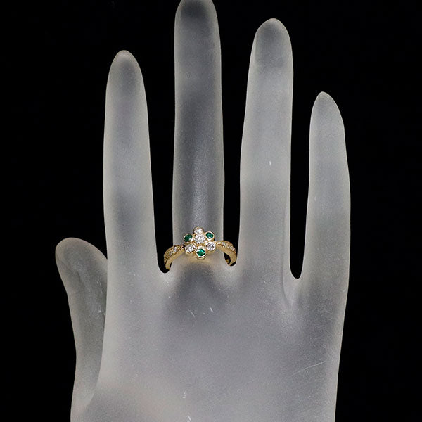 K18YG エメラルド ダイヤモンド リング E0.22ct D0.32ct  フラワー