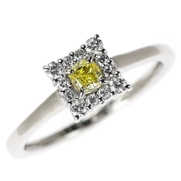 Pt900 クッションカット 天然イエロー ダイヤモンド リング 0.165ct D0.15ct