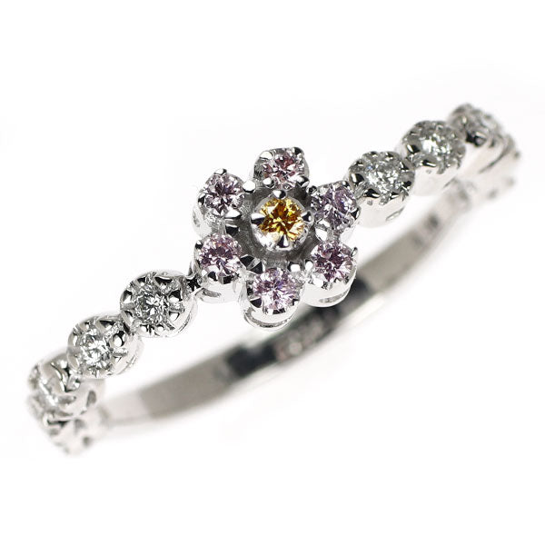 K18WG 天然ピンク/イエローダイヤモンド リング 0.125ct D0.129ct フラワー