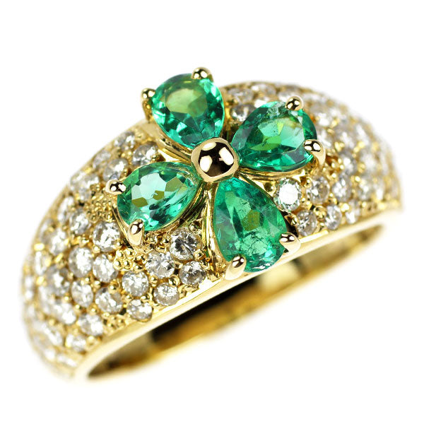 K18YG エメラルド ダイヤモンド リング 0.80ct D1.00ct パヴェ フラワー