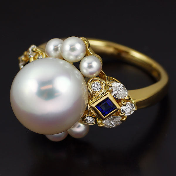 ミキモト K18YG 白蝶/アコヤ真珠 サファイア ダイヤモンド リング S0.20ct D0.37ct 径約 11.2mm 《セルビー銀座店》【中古】