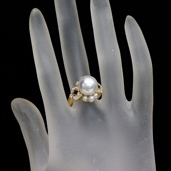 ミキモト K18YG 白蝶/アコヤ真珠 サファイア ダイヤモンド リング S0.20ct D0.37ct 径約 11.2mm 《セルビー銀座店》【中古】