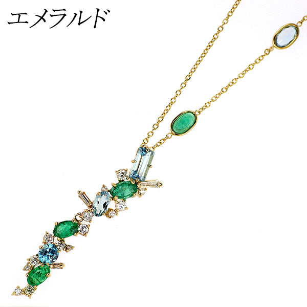 K14YG エメラルド ブルートパーズ ジルコン ダイヤモンド ペンダントネックレス