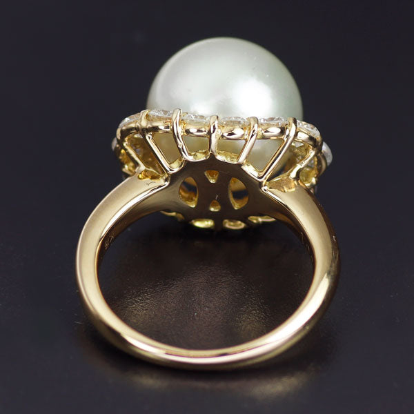 K18YG 白蝶真珠 ダイヤモンド リング 径約11.5mm D1.06ct