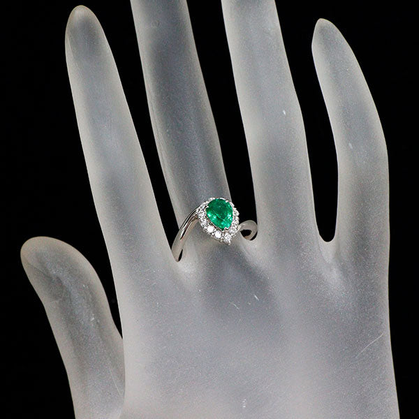Pt900 ペアシェイプ エメラルド ダイヤモンド リング 0.89ct D0.35ct