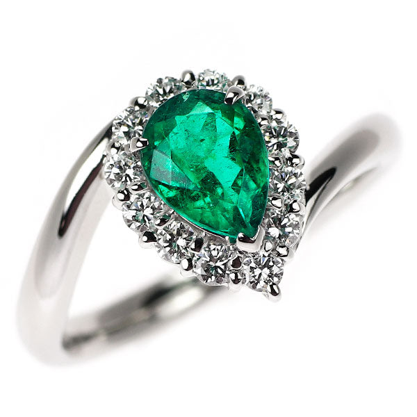 Pt900 ペアシェイプ エメラルド ダイヤモンド リング 0.89ct D0.35ct