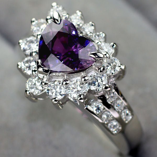 Pt900 ハートシェイプパープルサファイア ダイヤモンド リング 2.057ct D0.82ct