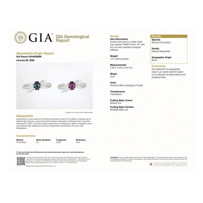 希少 Pt900 ブラジル産アレキサンドライト ダイヤモンド リング 0.49ct D0.16ct