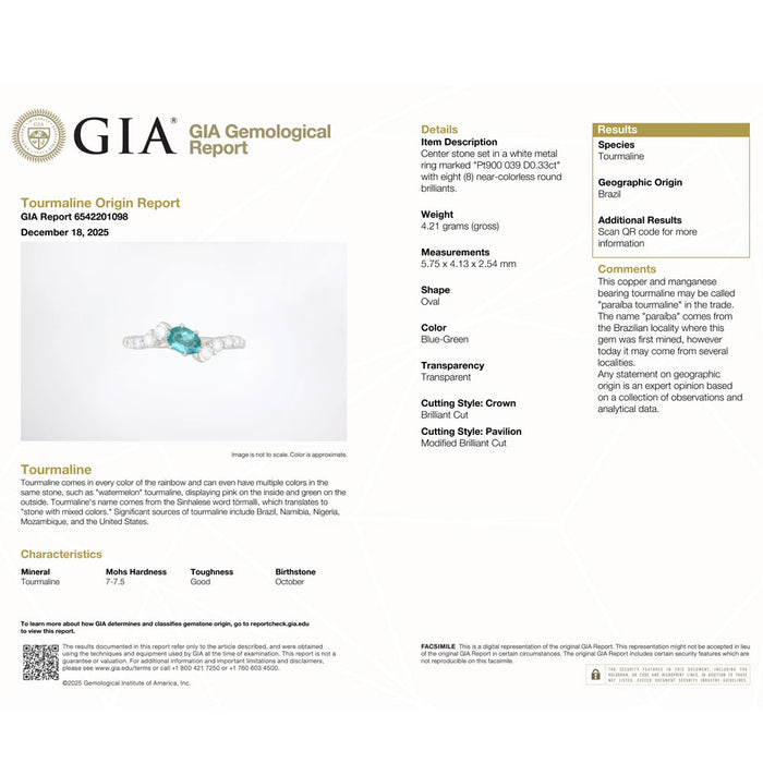希少 Pt900 ブラジル産パライバ トルマリン ダイヤモンド リング 0.39ct D0.33ct