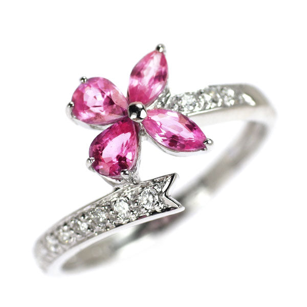 K18WG ピンク サファイア ダイヤモンド リング 0.98ct D0.13ct フラワー リボン
