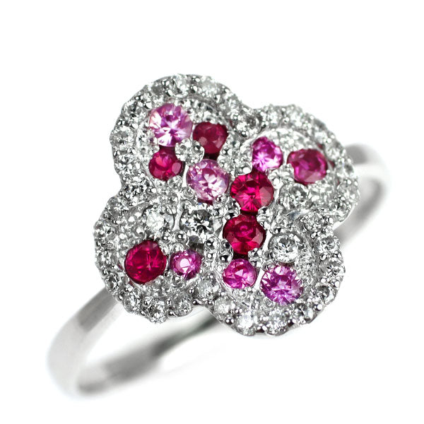 K18WG ルビー ピンクサファイア ダイヤモンド リング 0.18ct PS0.16ct D0.28ct フラワー