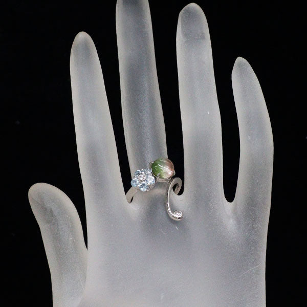 Pt900 バイカラートルマリン キャッツアイ アクアマリン ダイヤモンド リング 2.35ct AQ0.514ct D0.106ct フラワー