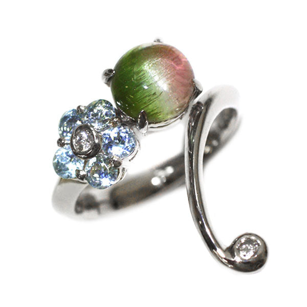 Pt900 バイカラートルマリン キャッツアイ アクアマリン ダイヤモンド リング 2.35ct AQ0.514ct D0.106ct フラワー