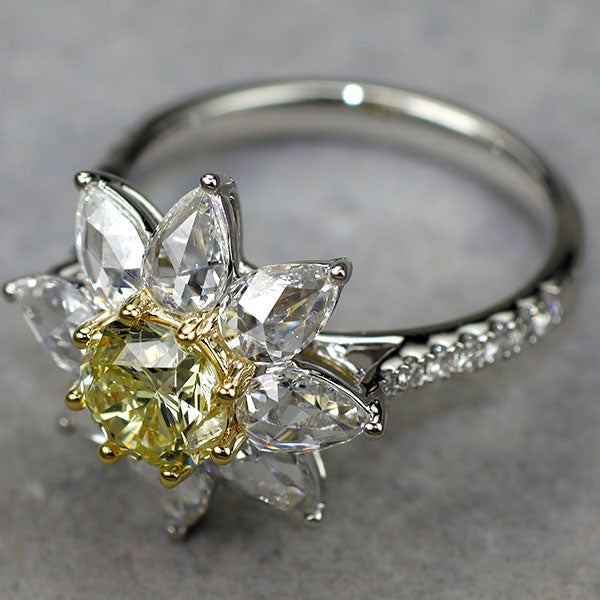 Pt950/ K18YG 大粒イエローダイヤモンド ローズカット/メレダイヤモンド リング 1.018ct FLY I1 D1.42ct