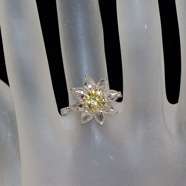 Pt950/ K18YG 大粒イエローダイヤモンド ローズカット/メレダイヤモンド リング 1.018ct FLY I1 D1.42ct