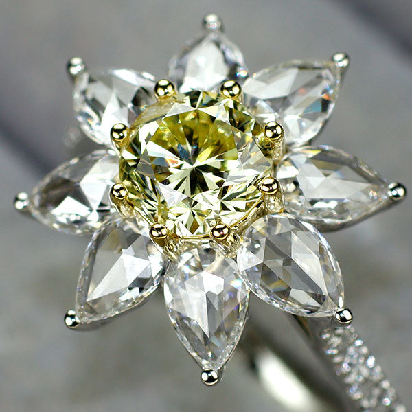 Pt950/ K18YG 大粒イエローダイヤモンド ローズカット/メレダイヤモンド リング 1.018ct FLY I1 D1.42ct
