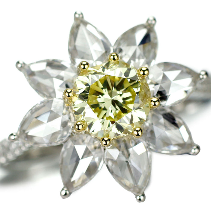 Pt950/ K18YG 大粒イエローダイヤモンド ローズカット/メレダイヤモンド リング 1.018ct FLY I1 D1.42ct