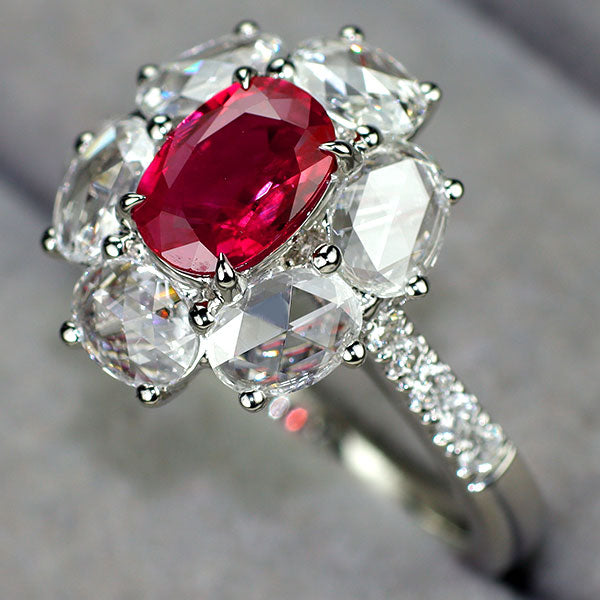 Pt950 ルビー ローズカットダイヤモンド リング 1.115ct D1.01ct