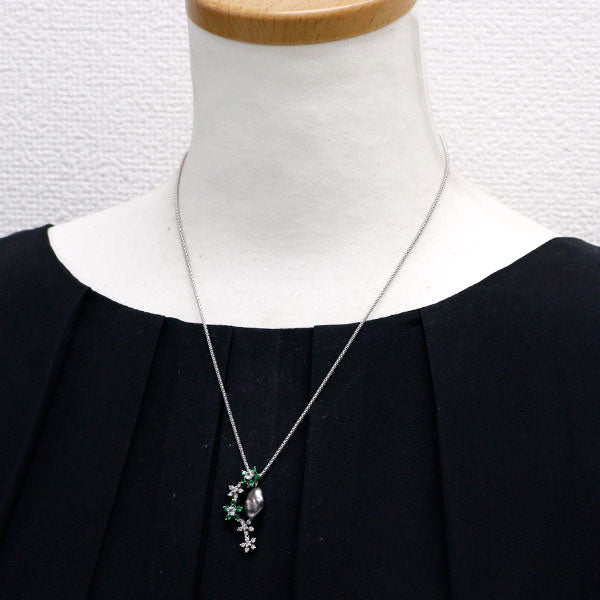 K18WG 黒蝶バロックパール グリーンガーネット ダイヤモンド ペンダントネックレス G0.40ct D0.64ct フラワー