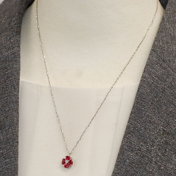 Pt900/ Pt850 ハートシェイプカット ルビー ダイヤモンド ペンダントネックレス 1.26ct D0.05ct クローバー