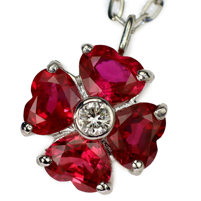 Pt900/ Pt850 ハートシェイプカット ルビー ダイヤモンド ペンダントネックレス 1.26ct D0.05ct クローバー