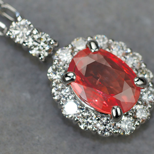 Pt900/ Pt850 パパラチアサファイア ダイヤモンド ペンダントネックレス 1.383ct D0.70ct