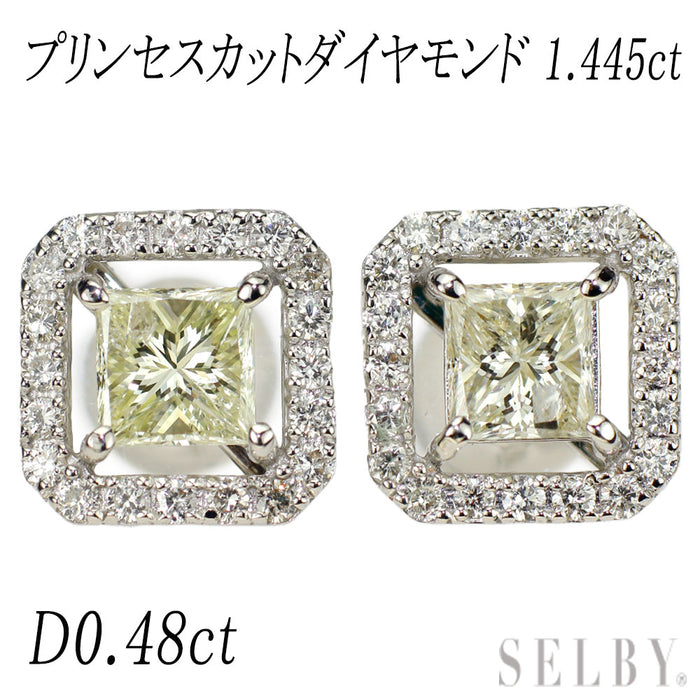 K18WG プリンセスカット ダイヤモンド ピアス 1.445ct D0.48ct