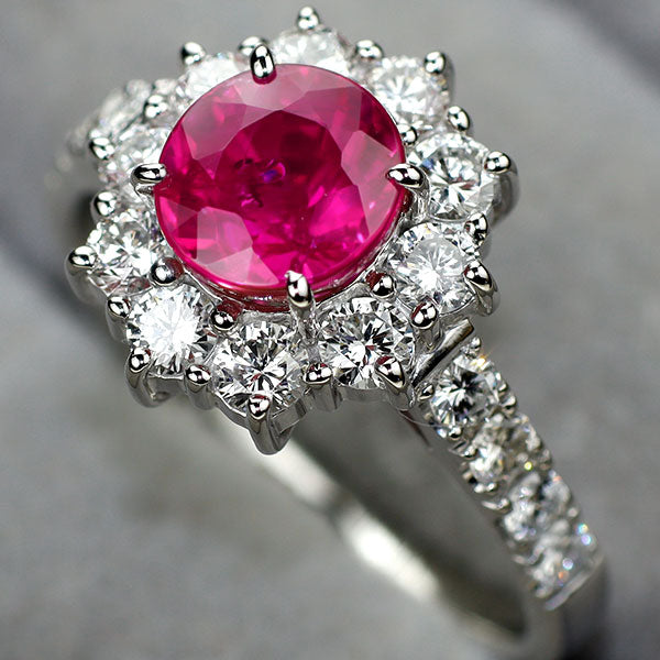 Pt900 ミャンマー/ビルマ産ルビー ダイヤモンド リング 1.692ct D0.79ct