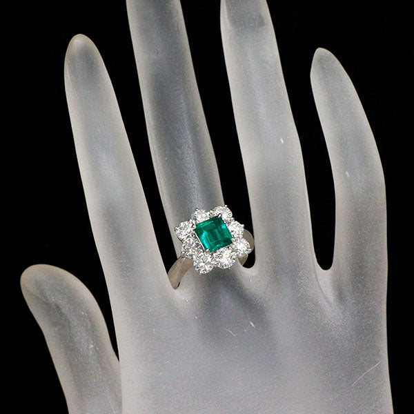 Pt900 コロンビア産  Insignificant ムゾグリーン/オールドマイン エメラルド ダイヤモンド リング 1.49ct 2.615ct 中ソ8枚付 D-F VS1-VS2 3EXHC-VG