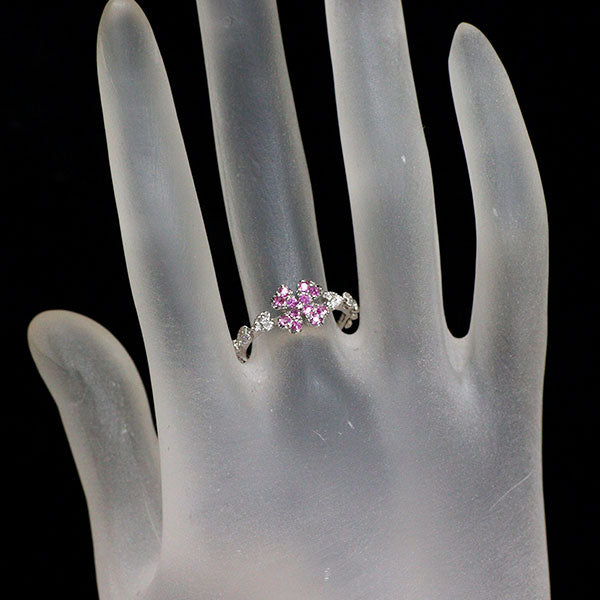 K18WG ピンクサファイア ダイヤモンド リング 0.28ct D0.15ct クローバー