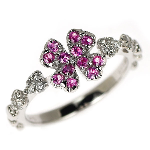 K18WG ピンクサファイア ダイヤモンド リング 0.28ct D0.15ct クローバー