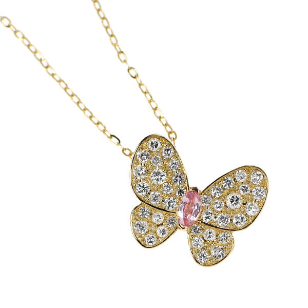 K18YG ピンクサファイア ダイヤモンド ペンダントネックレス 0.08ct D0.27ct 蝶