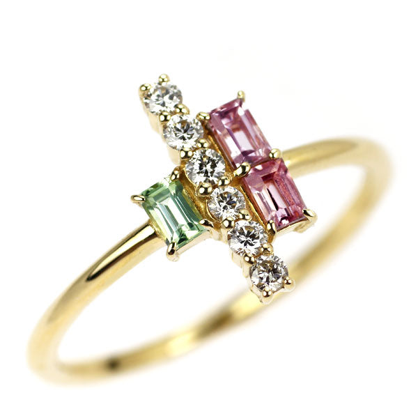 K18YG マルチカラー サファイア ダイヤモンド リング 0.31ct D0.12ct