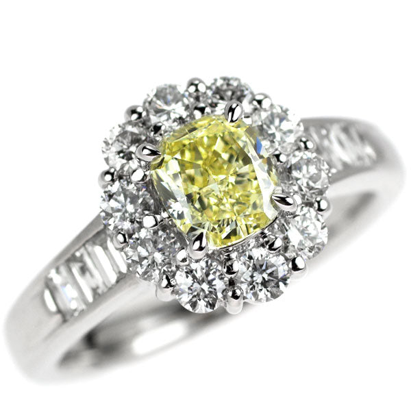 Pt900 クッションカット 天然イエロー ダイヤモンド リング 1.120ct FY SI2 D1.10ct