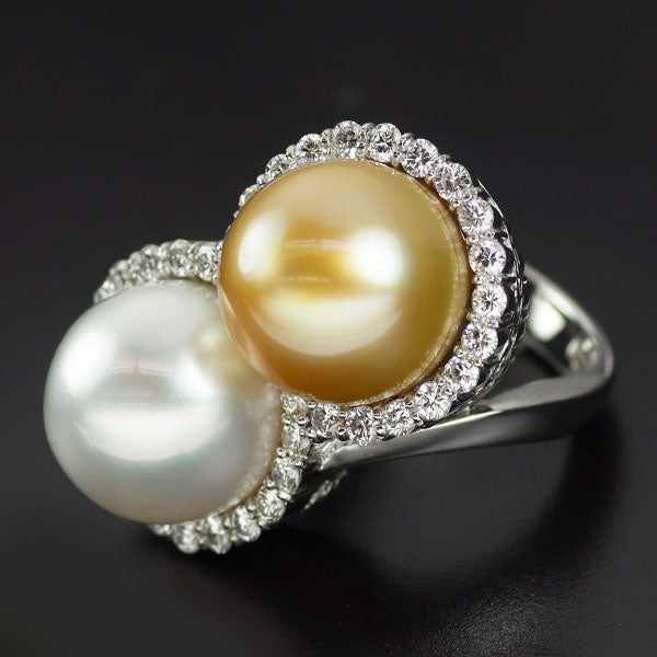 Pt900 ゴールデン/ホワイト 白蝶真珠 ダイヤモンド リング 径約12.7mm D1.14ct トワエモア