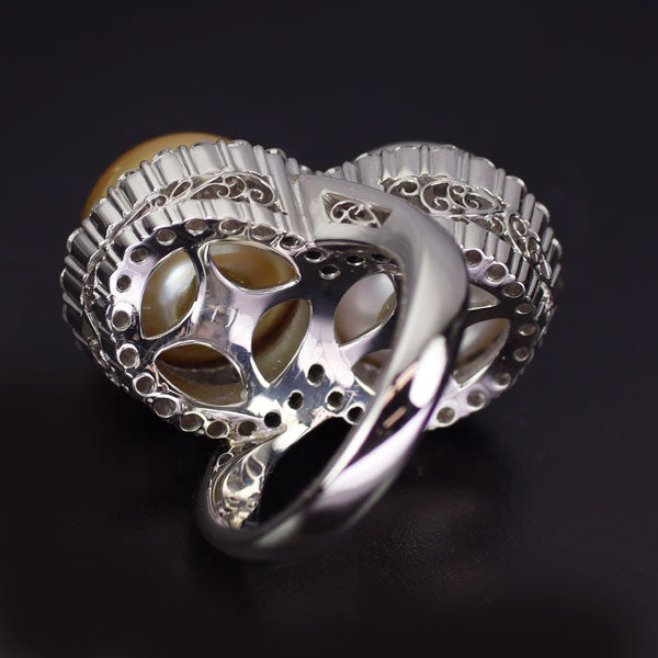 Pt900 ゴールデン/ホワイト 白蝶真珠 ダイヤモンド リング 径約12.7mm D1.14ct トワエモア