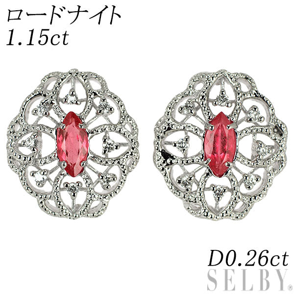 希少 Pt900 ロードナイト ダイヤモンド ピアス 1.15ct D0.26ct アンティークレース
