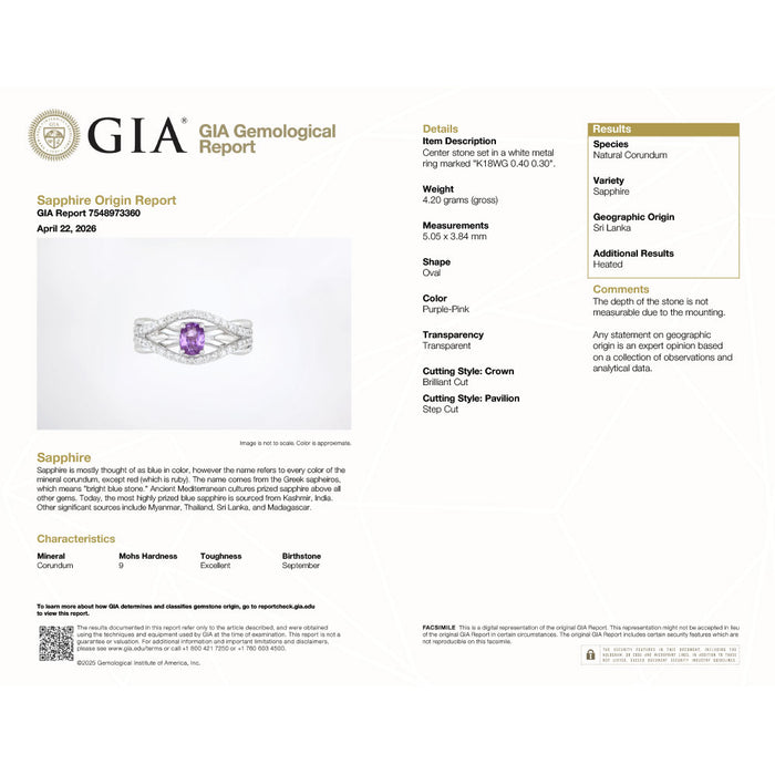 K18WG スリランカ産 パープルピンクサファイア ダイヤモンド リング 0.40ct D0.30ct