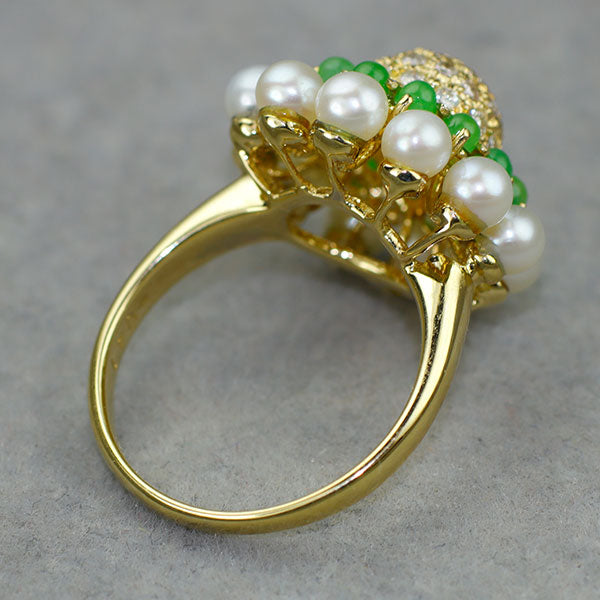 K18YG クリソプレーズ アコヤべビー真珠/パール ダイヤモンド リング D0.41ct パヴェ フラワー