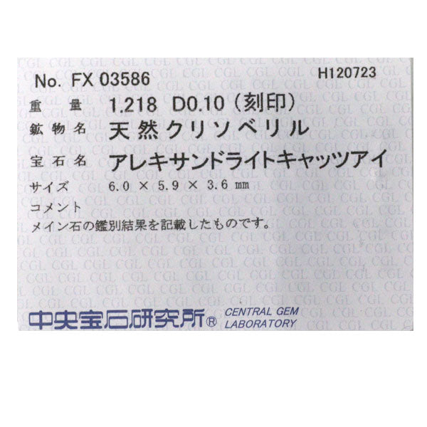 希少 Pt900 アレキサンドライトキャッツアイ ダイヤモンド ペンダントトップ 1.218ct D0.10ct