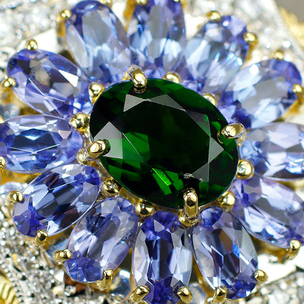 K18/Pt900 クロムダイオプサイド タンザナイト ダイヤモンド ペンダントトップ 1.43ct T2.83ct D0.55 フィレンツェスタイル彫金
