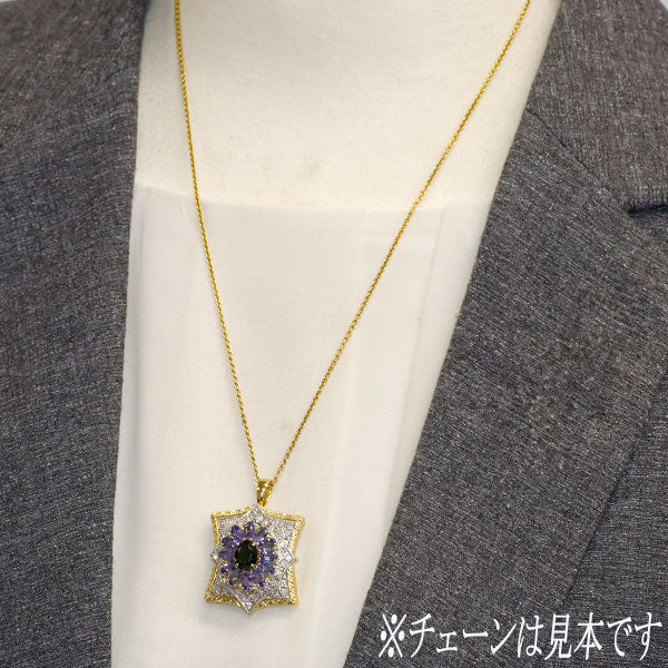 K18/Pt900 クロムダイオプサイド タンザナイト ダイヤモンド ペンダントトップ 1.43ct T2.83ct D0.55 フィレンツェスタイル彫金