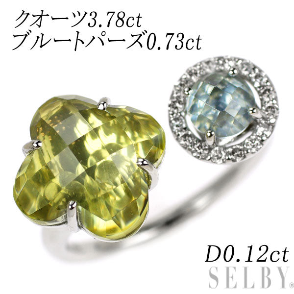 Pt950 チェッカードームカット クオーツ ブルートパーズ ダイヤモンド フォークリング 3.78ct 0.73ct D0.12ct ムービングストーン